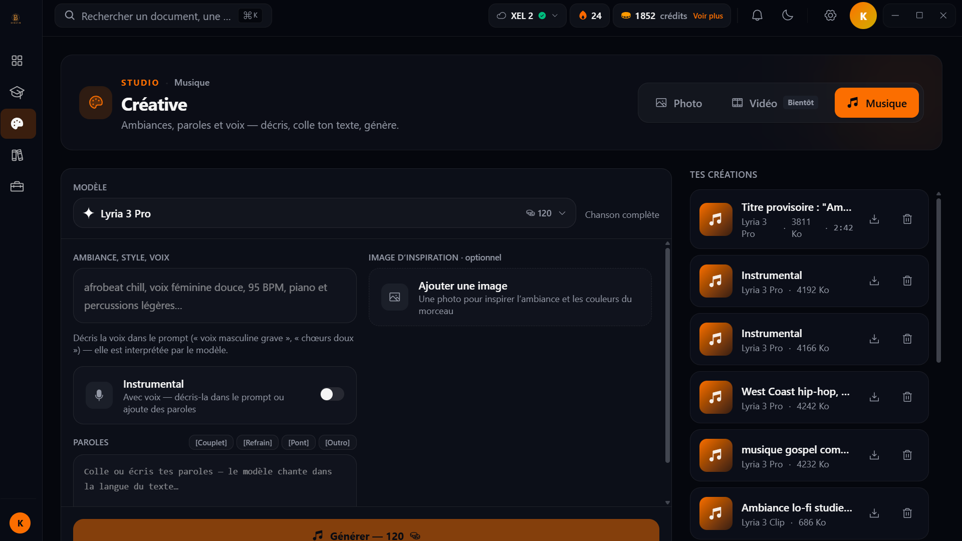 Studio de génération de musique Bangda AI sur desktop