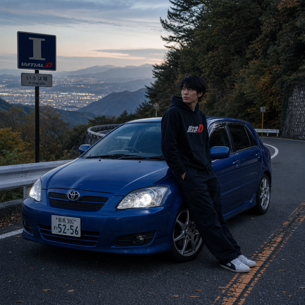 Scène de montagne avec voiture style Initial D générée par Bangda AI