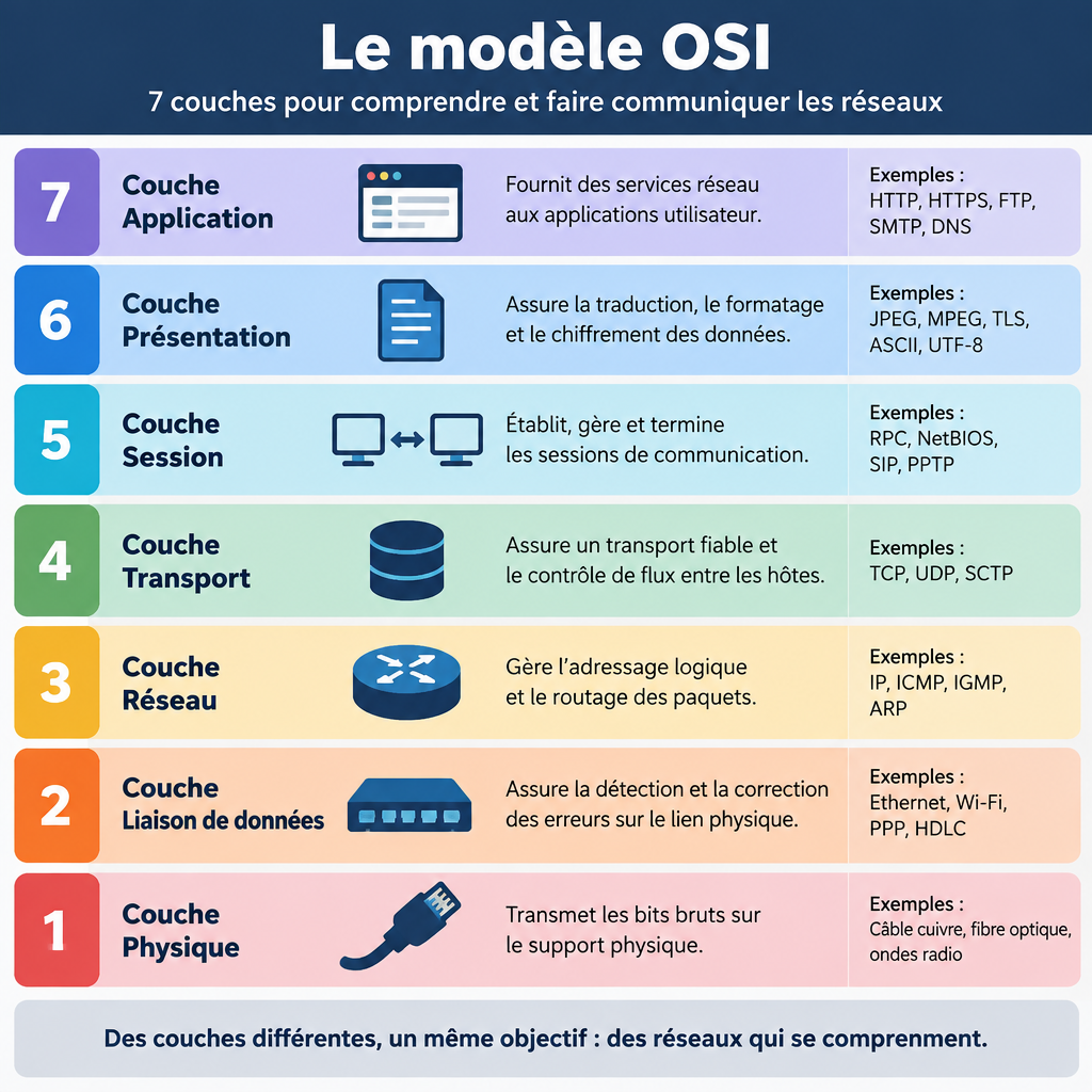 Poster pédagogique du modèle OSI généré par Bangda AI