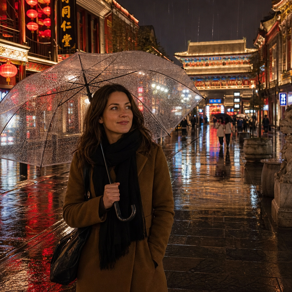 Portrait nocturne sous la pluie à Pékin généré par Bangda AI