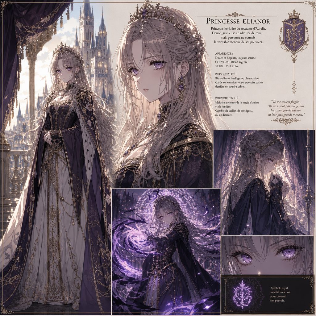 Fiche de personnage de manga médiéval générée par Bangda AI